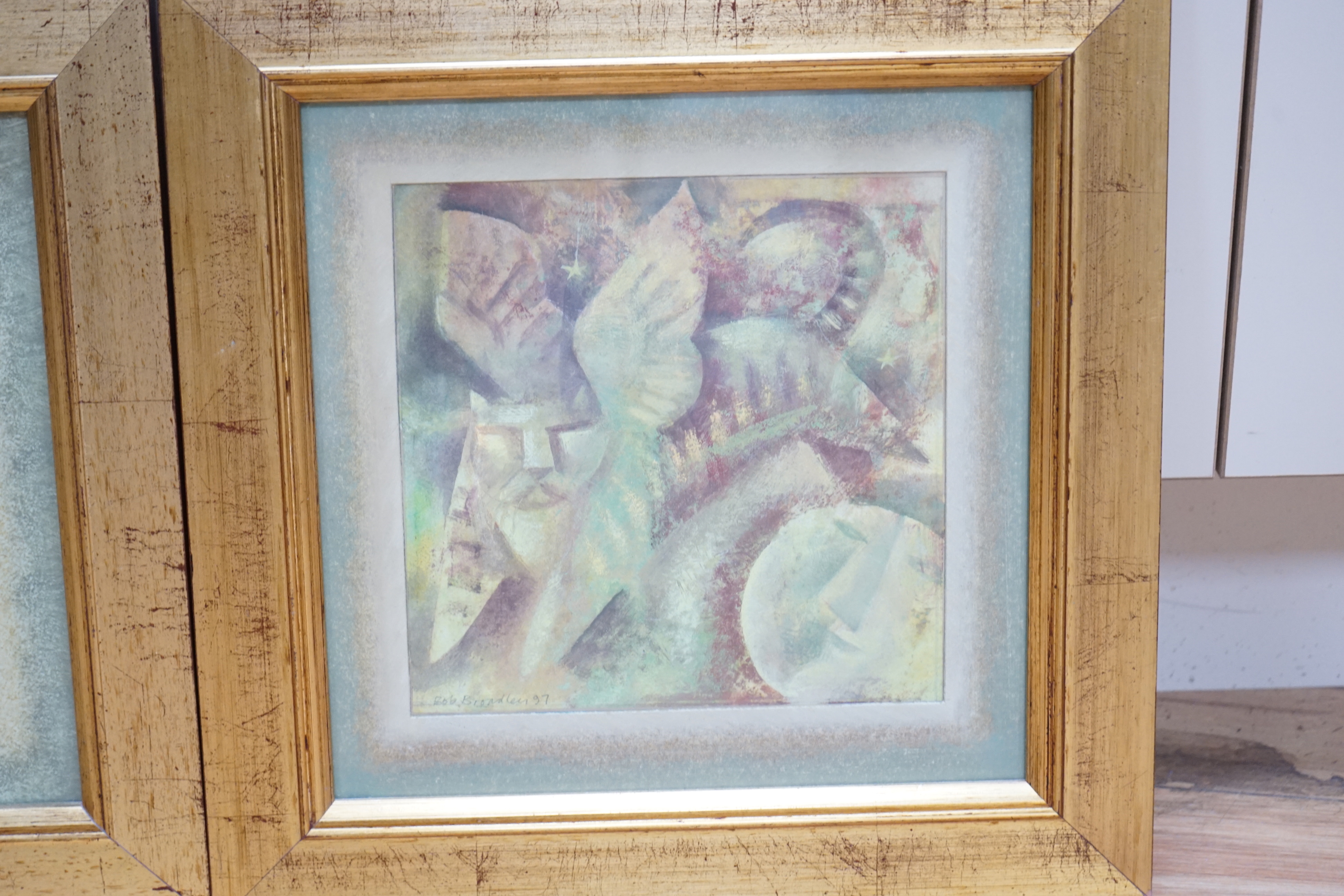 Bob Broadley (b.1939), pair of mixed medias, 'If cats could fly' and 'The owl and the pussy cat', each signed and dated '97, inscribed gallery labels verso, each 20 x 20cm